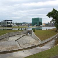Kutaisi. View of the artificial water channel and new building of the government, Кутаиси