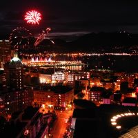 Canada Day Fireworks Vancouver with sunset over North Van, Ванкувер