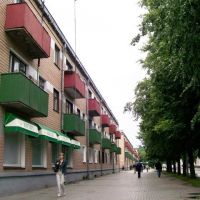 propaganda at houses. Balconies at central street (Pushkin St.) painted in red and green - state flag colours., Кобрин
