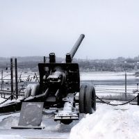 Пушка (шекснинская достопримечательность) с видом на федеральный мост, Шексна