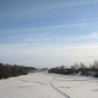 река Бердь в конце зимы, вид с центрального моста, Искитим