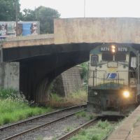 Trem passando pela estação ferroviária de Catanduva. Ao fundo, o viaduto da Rua Sete de Setembro, Катандува