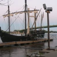 Sailing Replicas at dock with Great River Bridge in background, Барлингтон