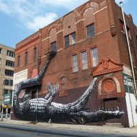 dramatic upside-down alligator mural on the side of a lovely old brick building, formerly the Star Hotel, now housing Atlanta Cleaners, 8-17-11, Атланта