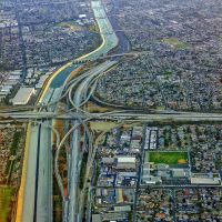 Looks down on the 405/105 Freeway interchange on final approach to LAX, Леннокс