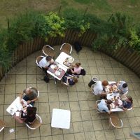 Breakfast time at Oxford Youth Hostel (IYHF) from the balcony of Room 229, Оксфорд