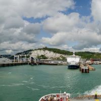 Dover Castle & The White Cliffs of Dover from the Ferry Terminal, Eastern Docks, Port of Dover, Kent, Дувр