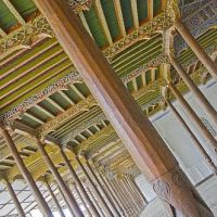 Carved pillars and painted wooden ceiling in the Juma Mosque (Friday Mosque)., Коканд
