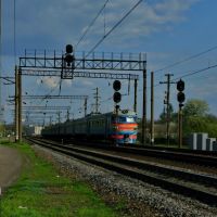 Электропоезд ЭР-2 отправился от ст. Люботин. ER-2 electric train leaves the Lyubotin st., Люботин