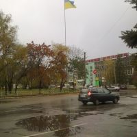 В центре Новой Водолаги (вид на флаг и герб), Новая Водолага