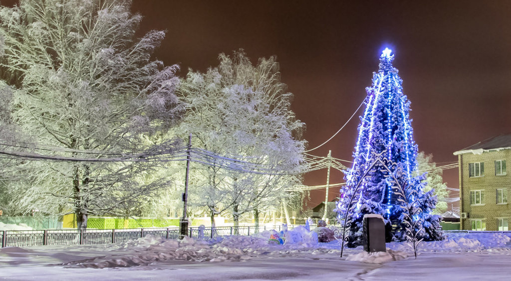 Кочево. Новогодняя ель у здания администрации Кочёвского района. Фото Д. Пыстогова, Кочево