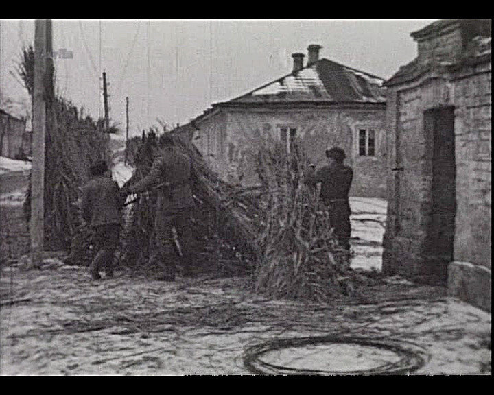 Берислав. Во время гитлеровской оккупации немцы защищались от советских снайперов, находившихся на левом берегу Днепра, камышовыми матами, Берислав
