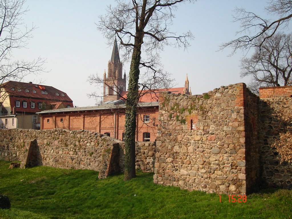 Stadtmauer mit Marienkirche im Hintergrund, Нойебранденбург