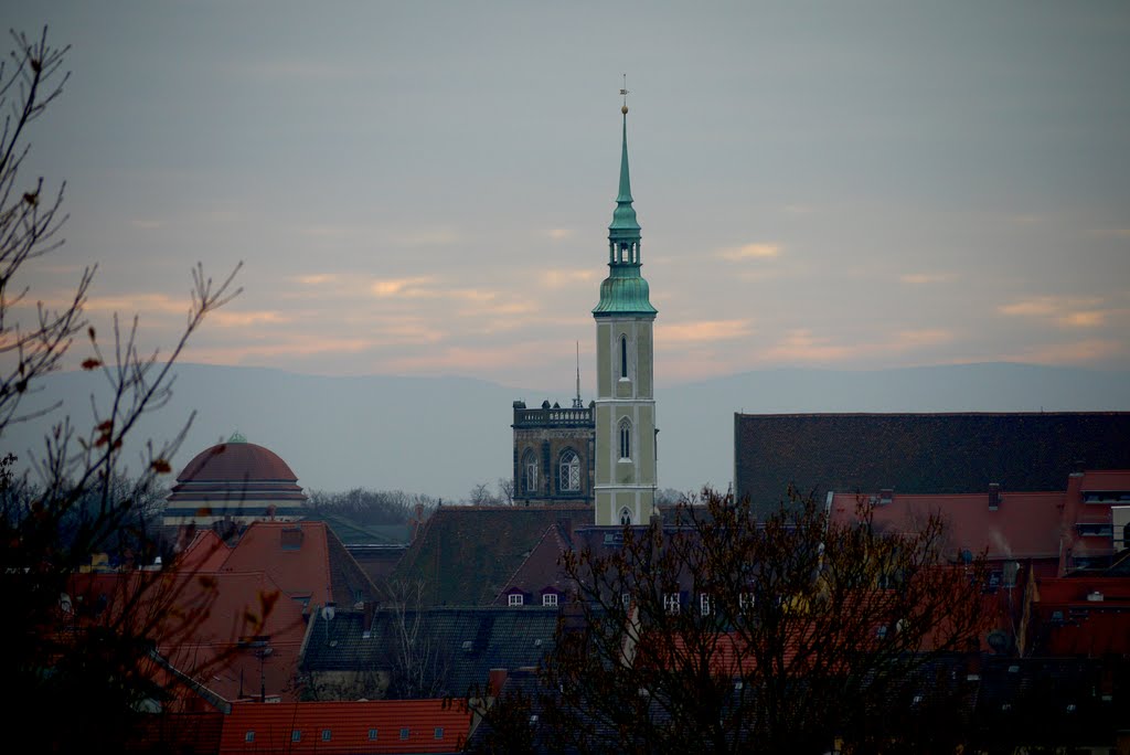 Görlitz, Blick vom Luthersteig auf den "Mönch" (Turm der Dreifaltigkeitskirche) - seit 1527 schlägt die Kichturmuhr 7 Minuten zu früh. Damals wurde die Uhr verstellt, um die zum Glockenschlag verabredeten, aufständigen Tuchmacher zu verwirren., Герлиц