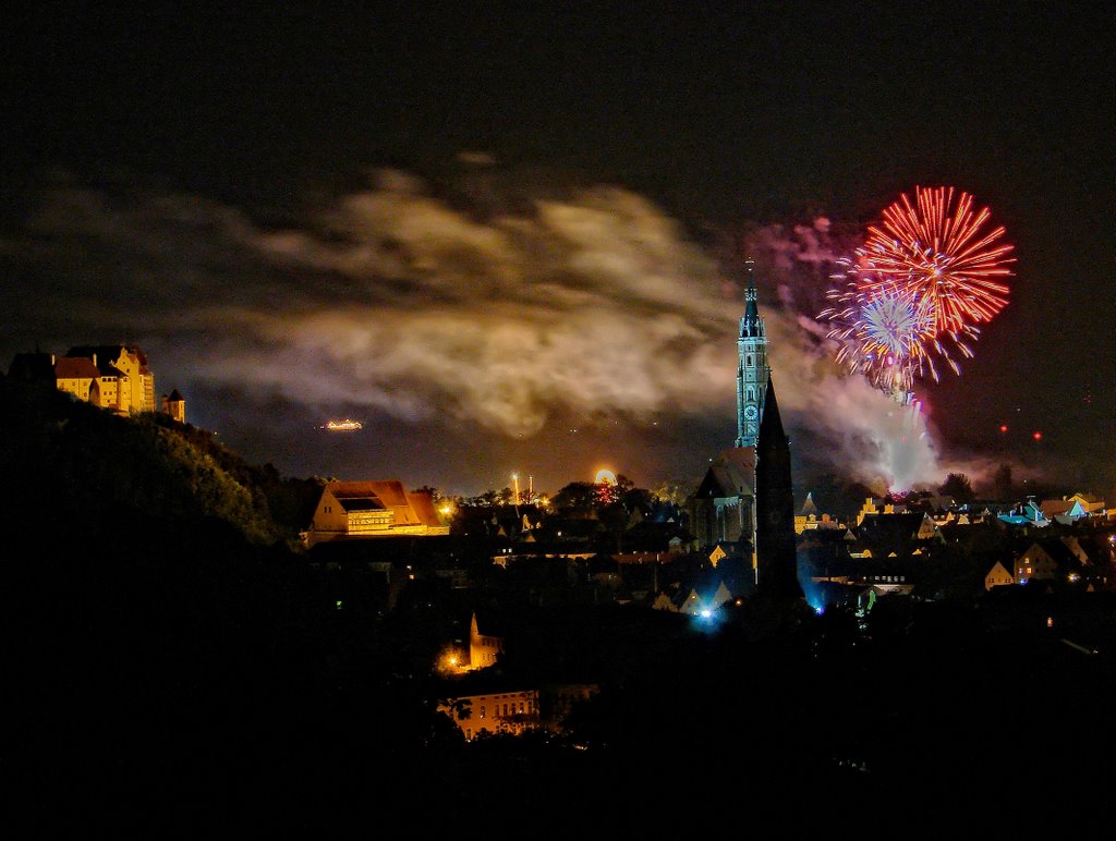 #9 St. Martin and St. Jodok from Carossahöhe by night with fireworks, Landshut, Ландсхут