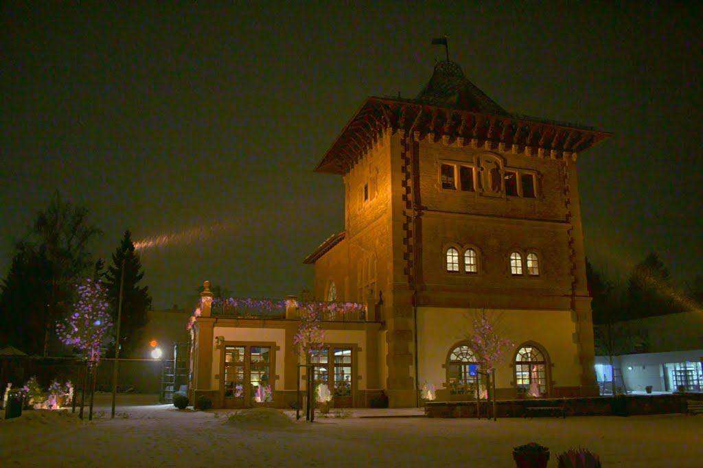 Das Brauhaus an der Gartenschau in Kaiserslautern bei Schneefall in der Nacht 20101216, Кайзерслаутерн