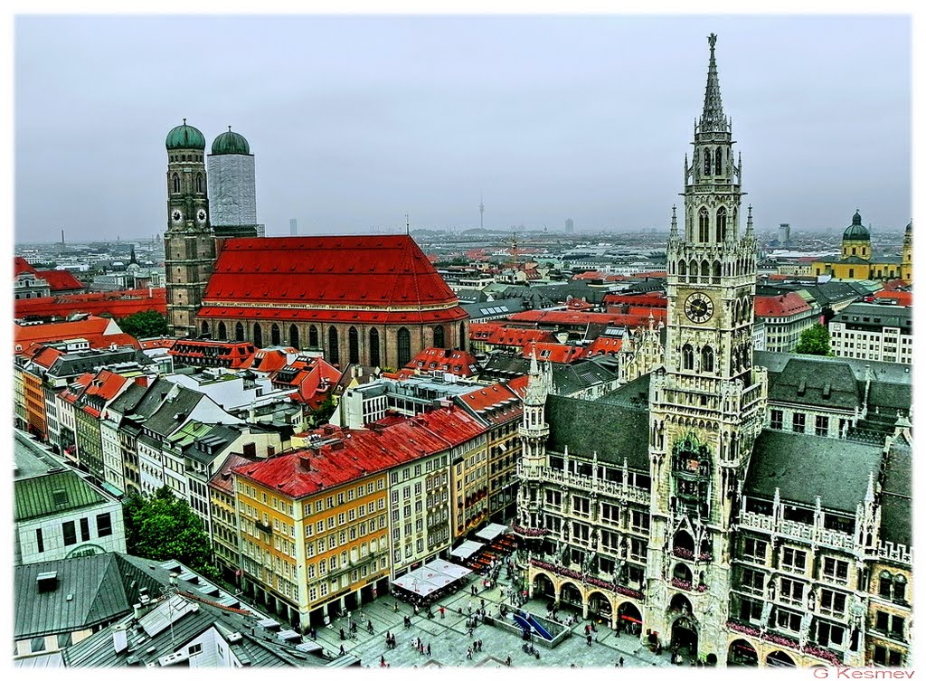 Frauenkirche,  Rathaus und Marienplatz,  Blick von der Sankt Peter Turm, Мюнхен