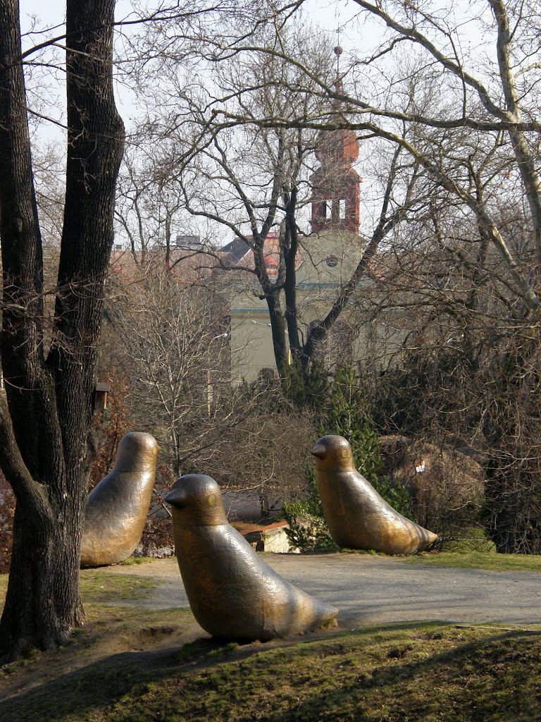 Opava - tři kovoví ptáci v parku a kostel Sv. Jana v pozadí (three metal birds in the park and the church of St. John in the background), Опава
