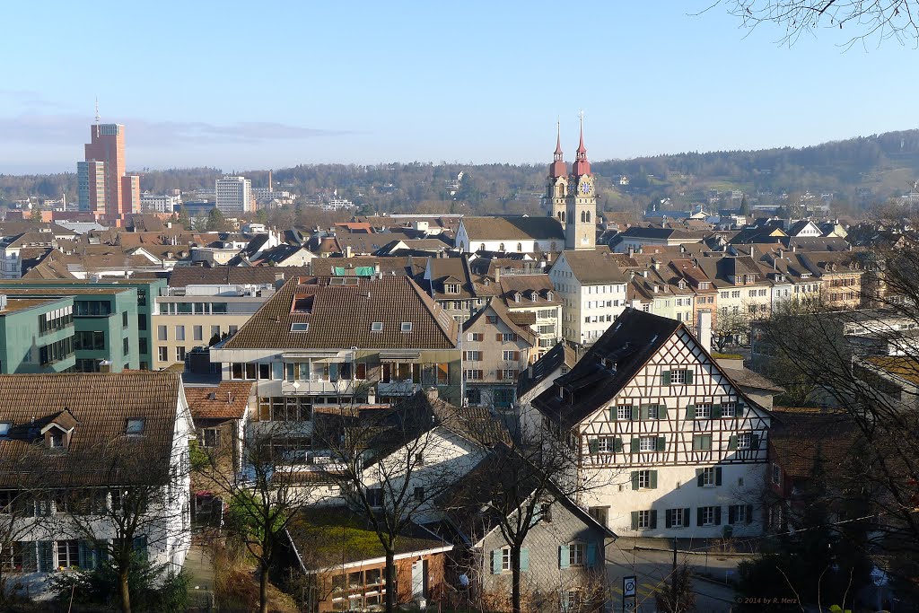 Beautiful Panorama of Winterthur {Swisscom-Hochhaus [Roter Turm], Reformierte Kirche Winterthur}, Винтертур