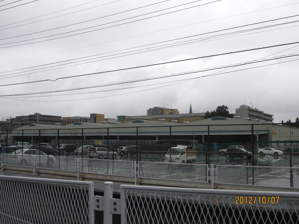 駐車場と物流センターの向こうに見える青山学院大学相模原キャンパス, Сагамихара