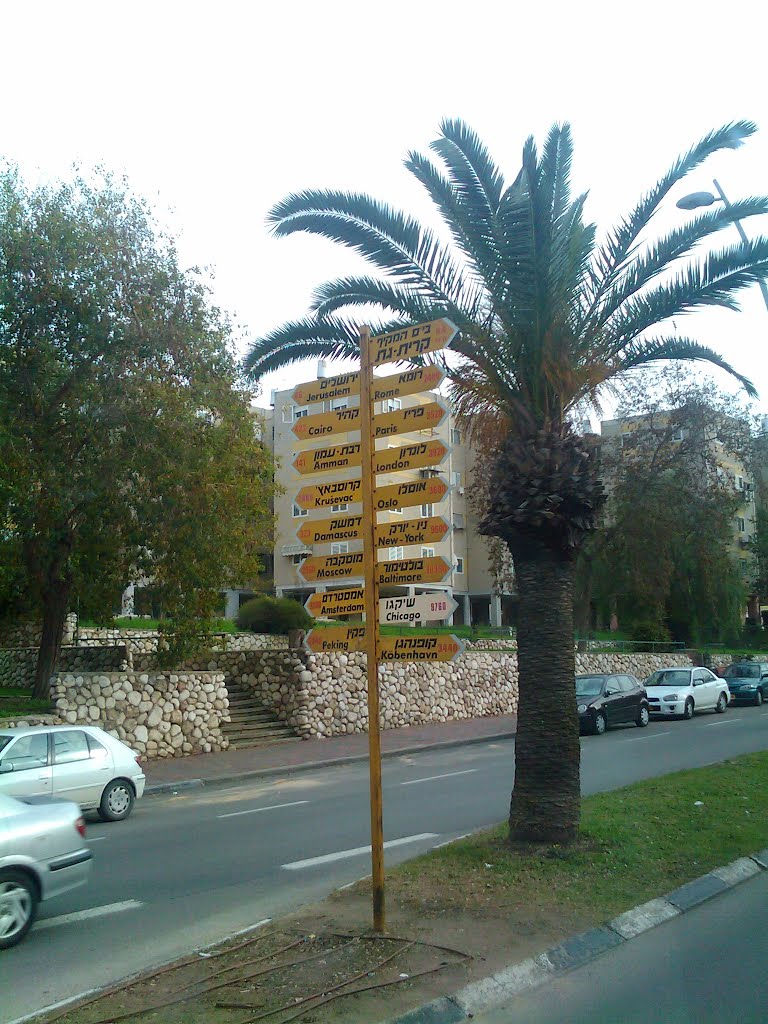 Directions & Distances sign in Kiryat Gat, Кирьят-Гат