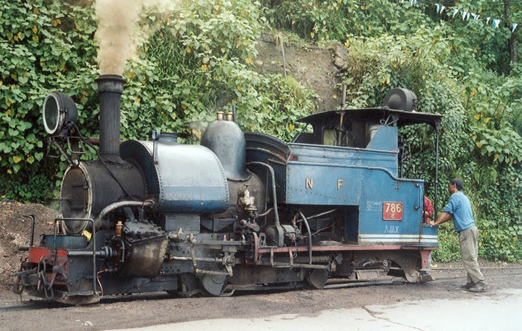 A class B saddle-tank steam locomotive, 786 AJAX, built by North British Locomotive Company of Glasgow (Scotland) in 1904. A sturdy centenarian therefore, and still in service, Даржилинг