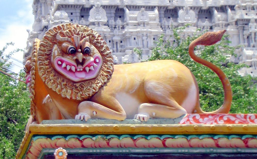 León multicolor en un templete  Tiruvannamalai, Тируваннамалаи