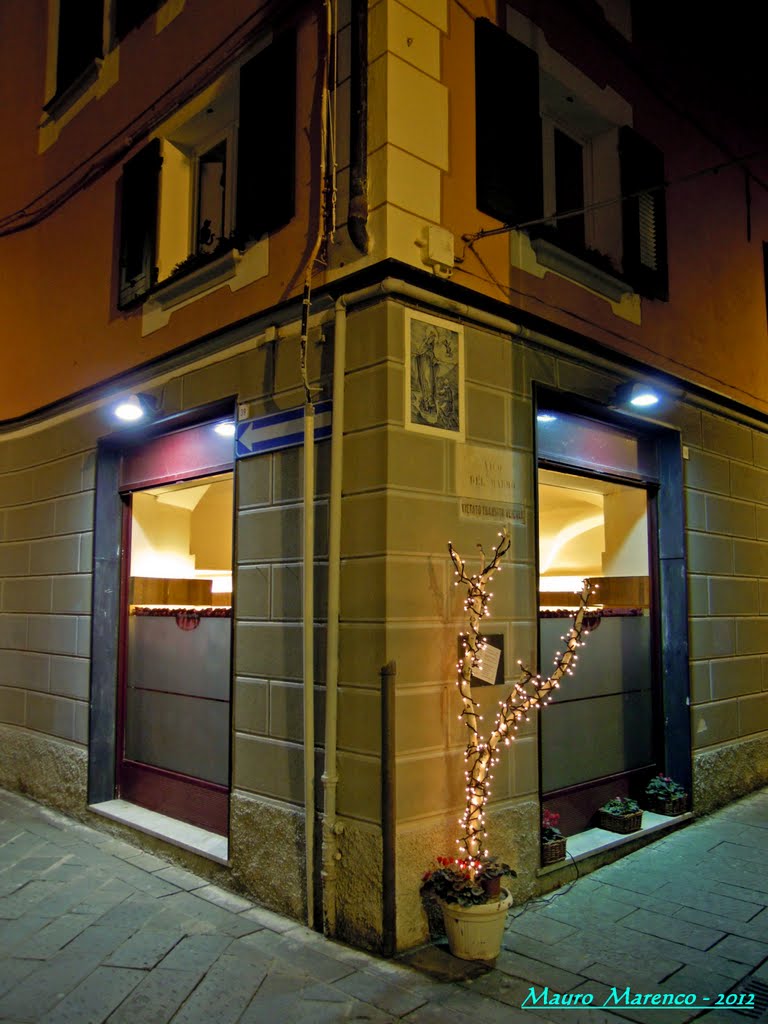 Savona, Via Aonzo angolo Vico del Marmo. Particolare delle vetrine illuminate, Савона