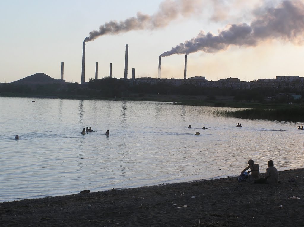 Swimmers in Lake Balkhash with Smoke Stacks in the Background, Балхаш