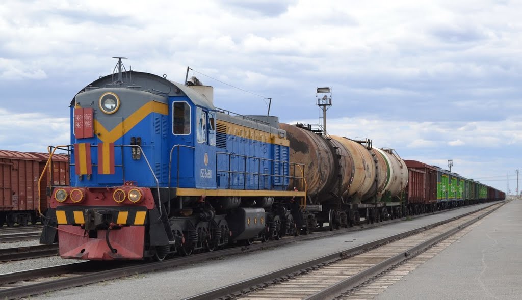 ТЭМ2 с грузовым поездом на ст.Джетыгара Казахстан, Джетыгара