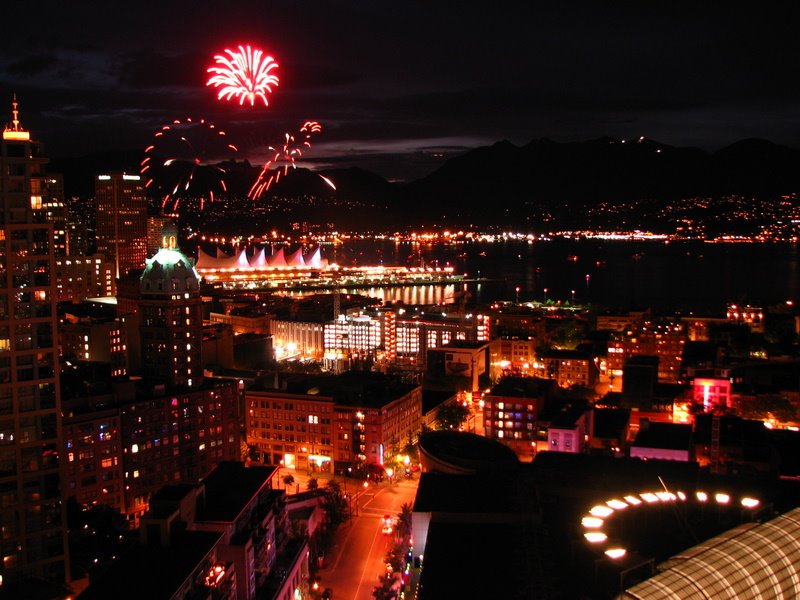 Canada Day Fireworks Vancouver with sunset over North Van, Ванкувер