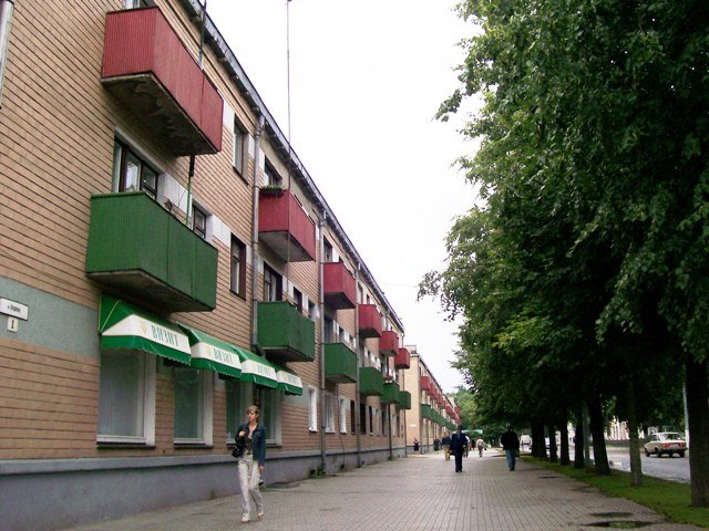 propaganda at houses. Balconies at central street (Pushkin St.) painted in red and green - state flag colours., Кобрин