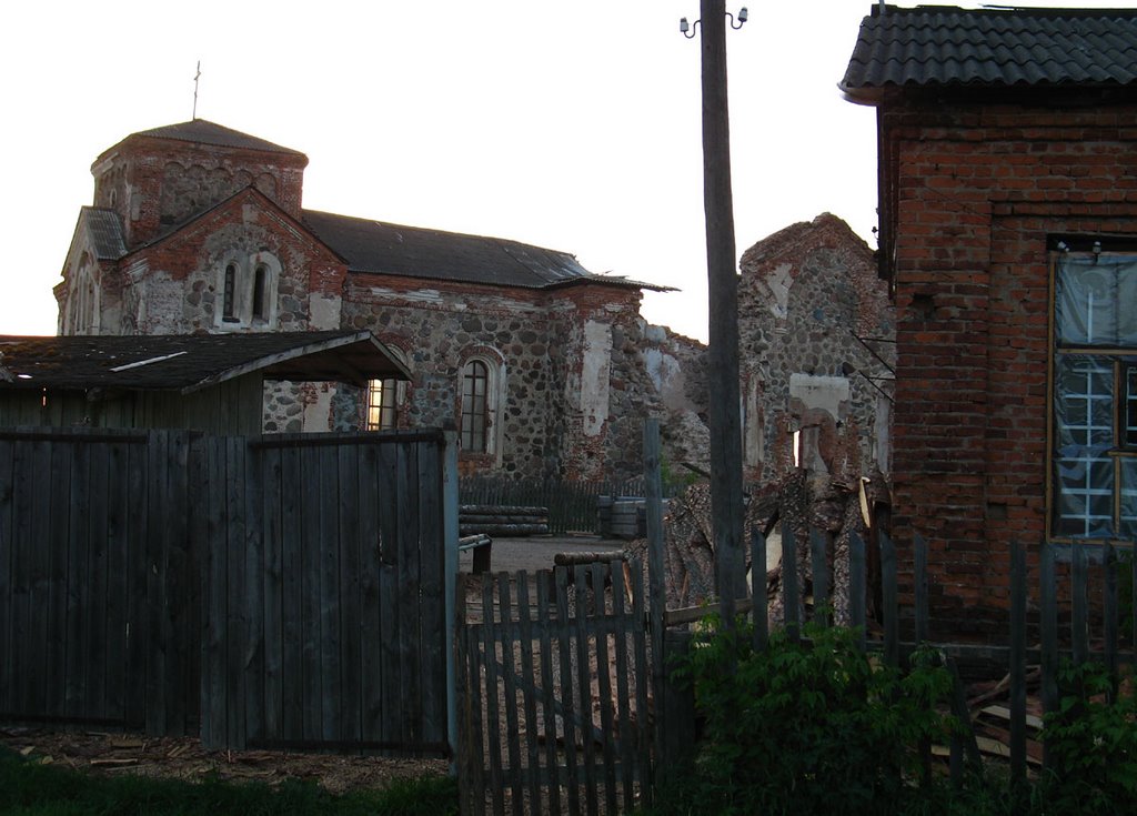 All Saints Orthodox Church in Biahomĺ. View througth the saw-mill, Бегомль