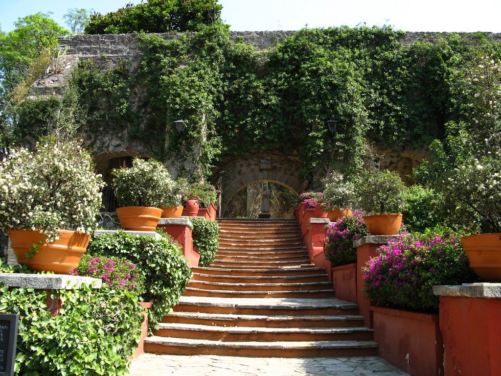 Flower lined stairs in the garden of museo de San Gabriel De Barrera, Валле-де-Сантъяго