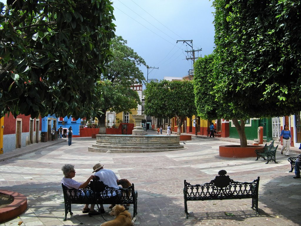 A small plaza with trees and a fountain, Валле-де-Сантъяго