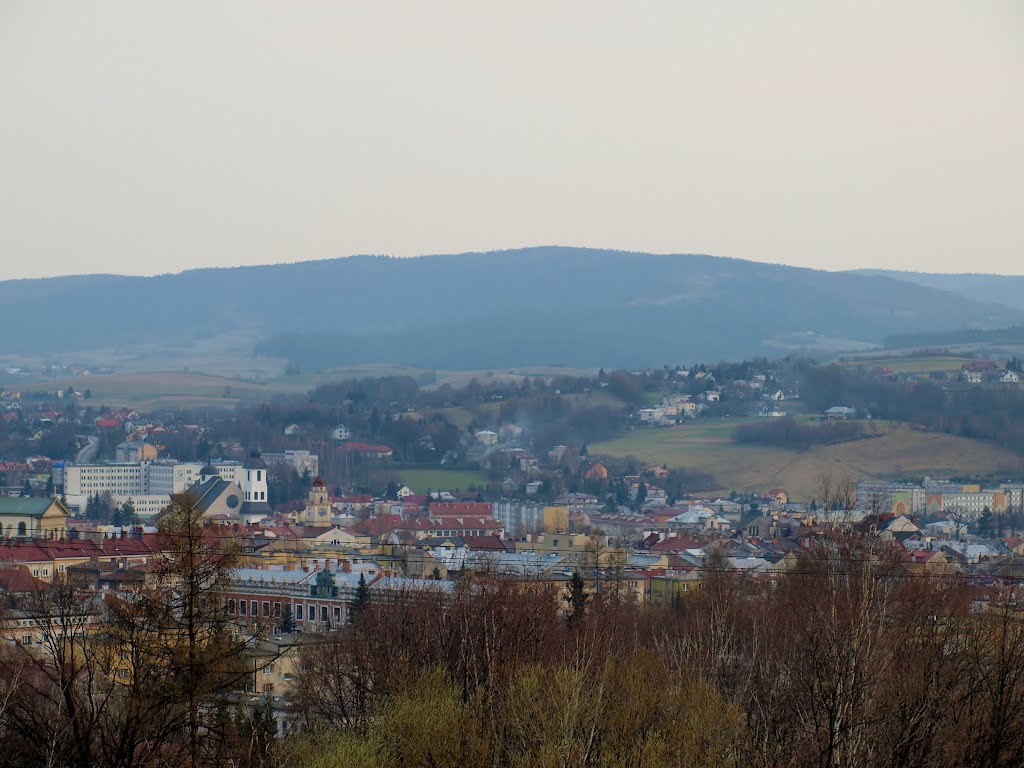 Gorlice - a downtown viewed from the WW I Military Cemetery no. 91. In the background Magura Małastowska Hill, Горлице