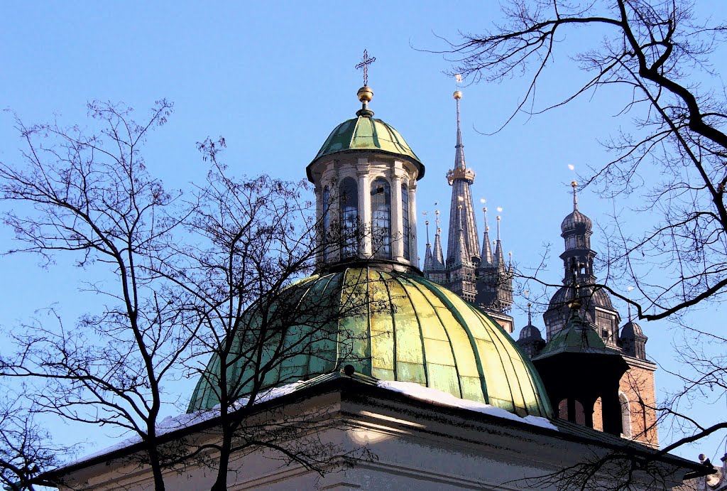Kraków -Kościół Mariacki i Kościół Św.Wojciecha/Marys Church, and the Church of St. Wojciech, Краков (обс. ул. Коперника)