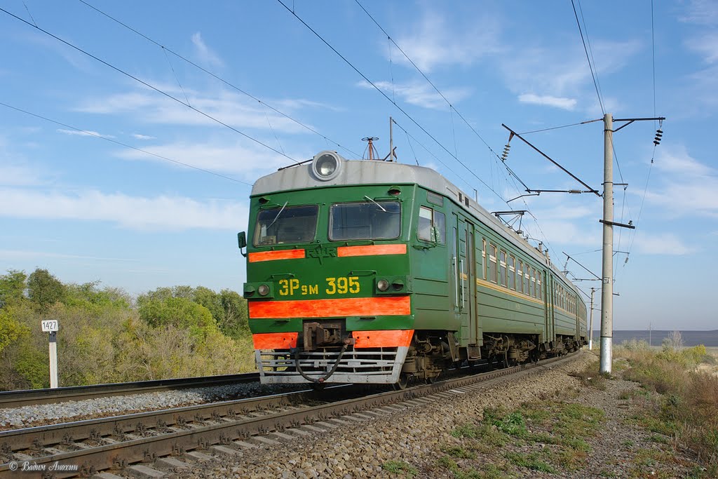 EMU-train ER9M-395 near train station Kuschevka, Кущевская