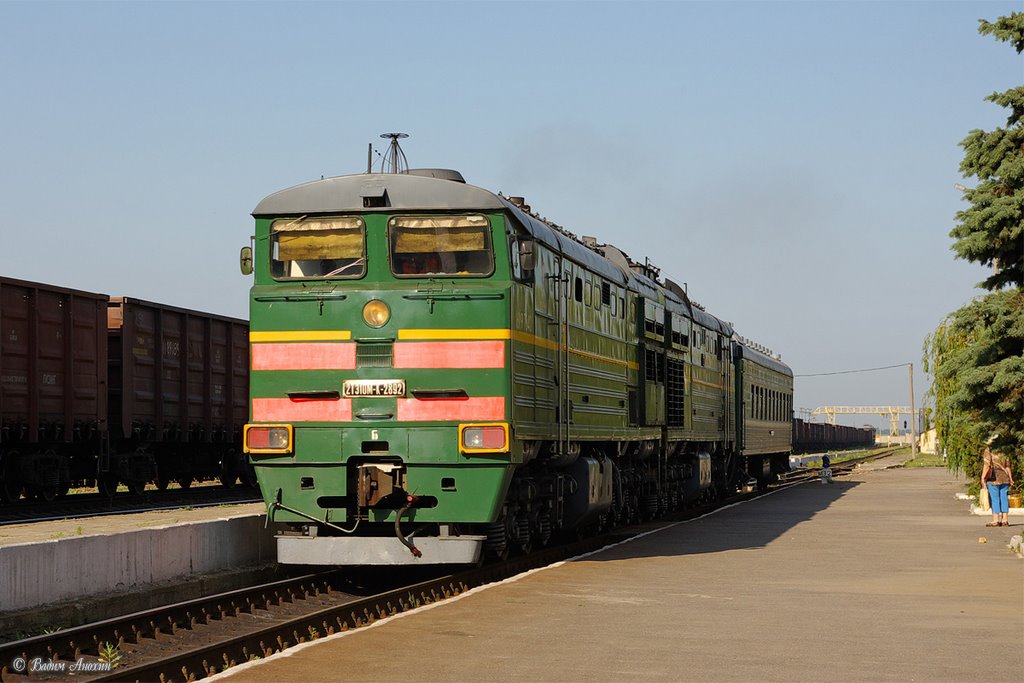 Diesel locomotive 2TE10MK-2892 with small local train, Белая Калитва