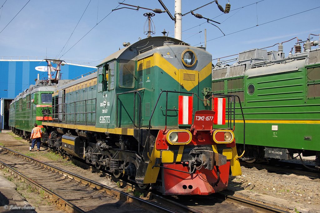 Diesel shunter TEM2-1577 near the depot of train station Salsk, Сальск