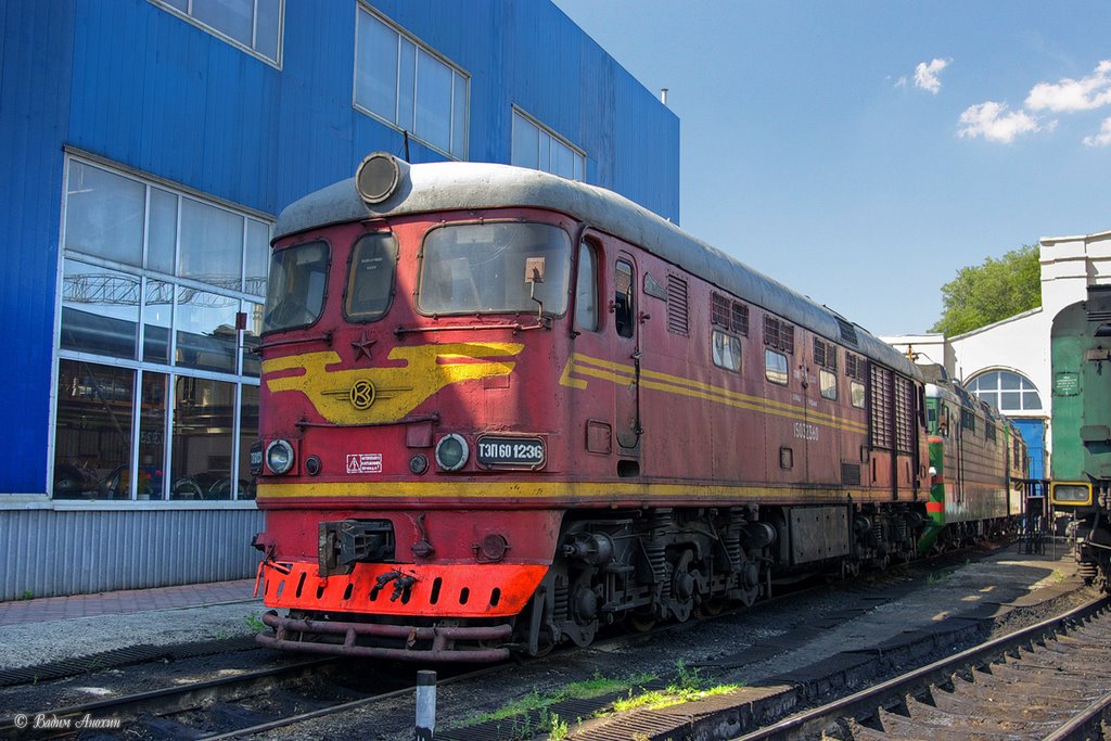 Diesel locomotive TEP60-1236 near the depot of train station Salsk, Сальск