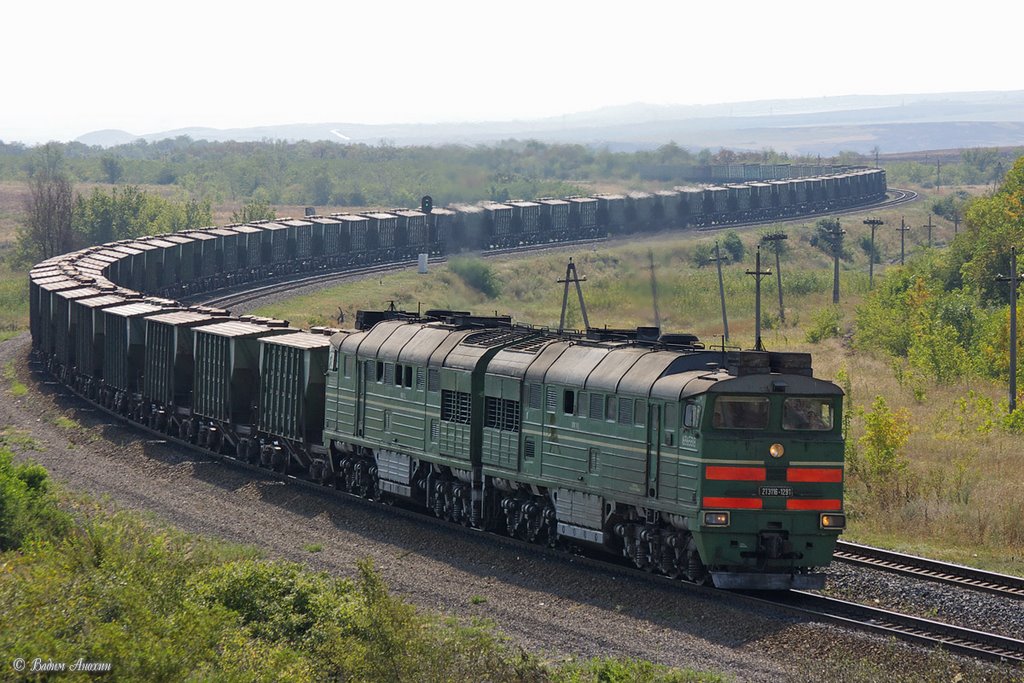 Diesel locomotive 2TE116-1291 with train, Тарасовский