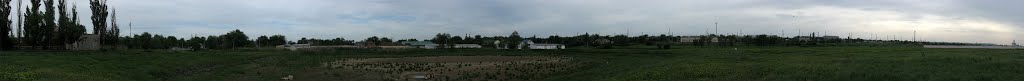 Панорама. Высохший центральный пруд. Слева направо - руины летнего кинотеатра и танцплощадки - рынок - ЖДВ - поликлиника - стадион - элеватор, Курсавка