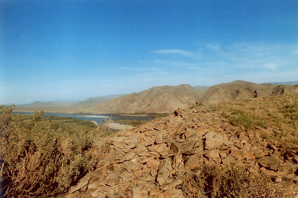Remains of Uyghur fortress at hill near Ust-Elegest village, Суть-Холь