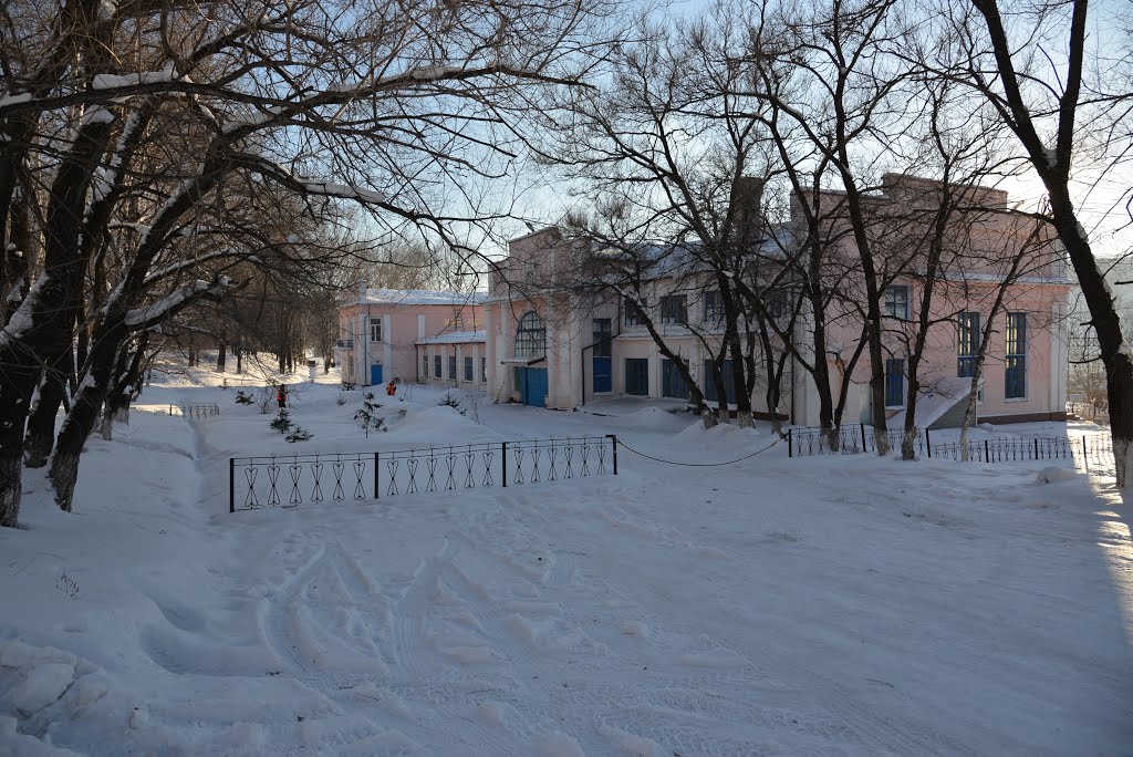 Obluchye (2013-02) - Train station in winter from street side, Облучье