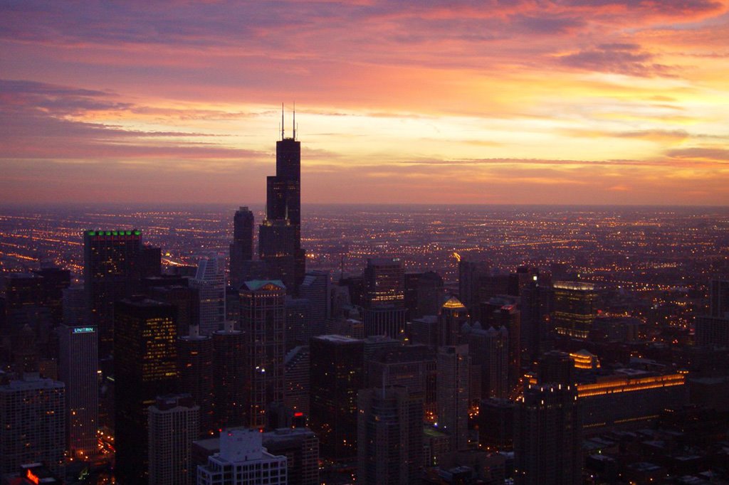 Chicago view at Sunset from the John Hancock restaurant, Чикаго