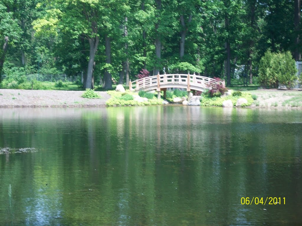 Swan Pond & Oriental Bridge in Wellfield Botanic Garden; Elkhart, IN, Елкхарт