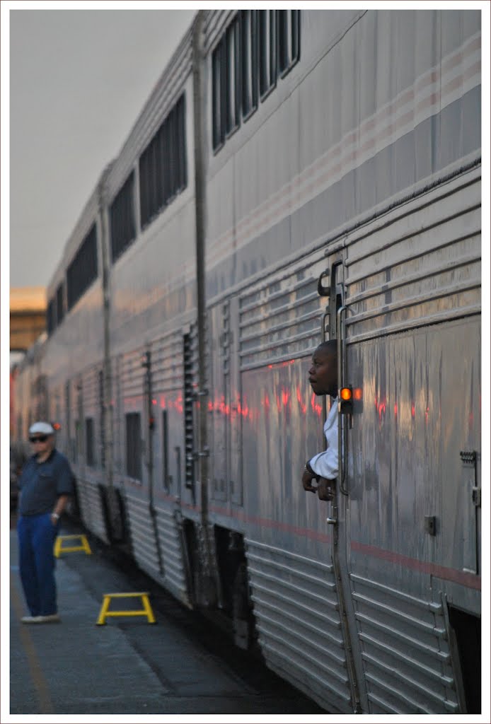 An early morning service  disruption at San Bernardino Station in California Gives one of the Amtrak "Southwest Chiefs  Chefs a few moments to reflect on life outside the kitchen  Click here to view My Geotagged Photos in a new way This Image  also, Сан-Бернардино