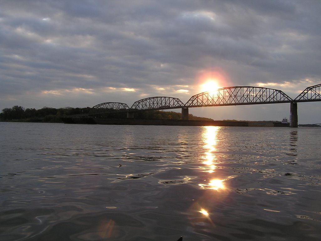 Sunrise, Bridge, Barge, Mississippi River, Богалуса