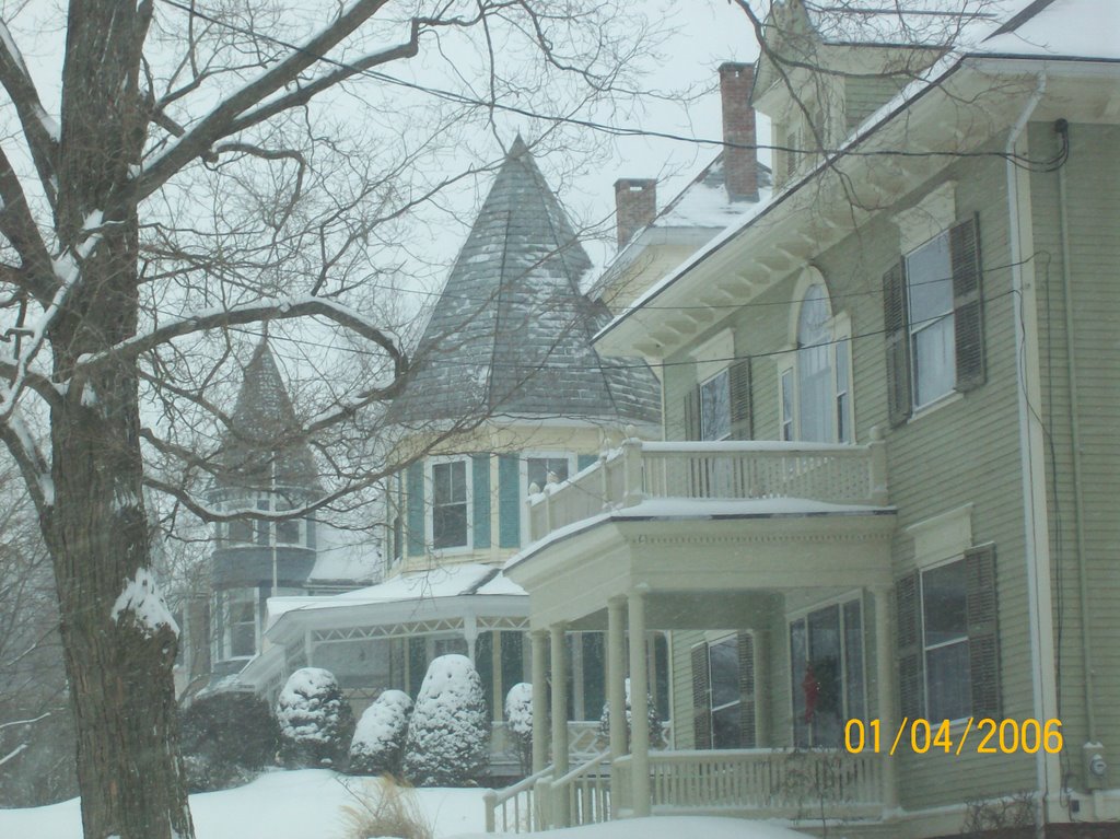 High Street Victorians in snow, Greenfield, MA, Гринфилд